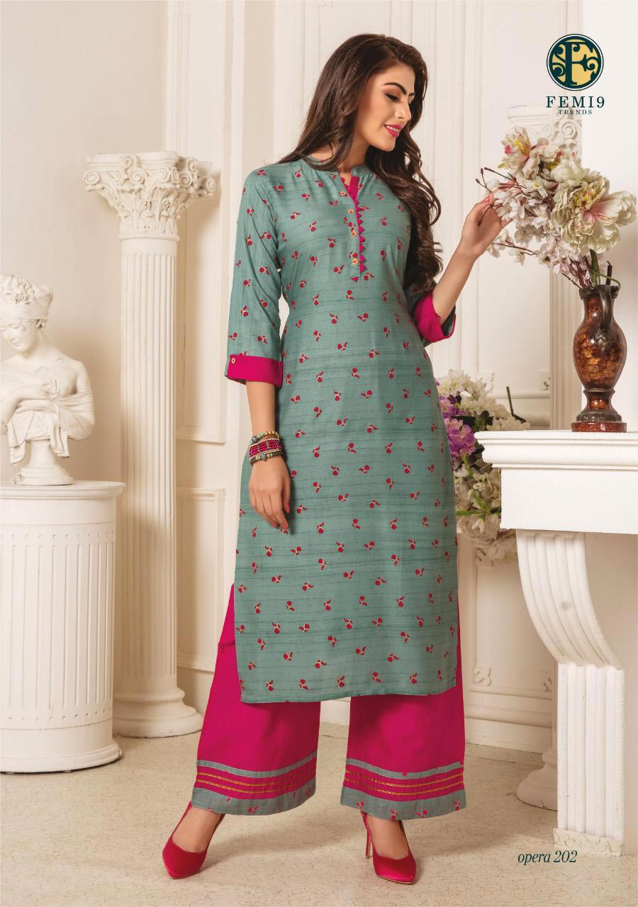 Opera Vol 2 By Femi9 Rayon Print Beautiful Kurtis With Palazzo Set Opera Vol 2 By Femi9 Rayon Print Beautiful Kurtis With Palazzo Set